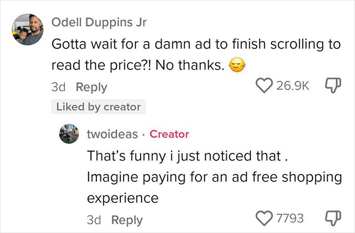 Social media comments discussing dystopic retail games and ad interruptions during shopping.