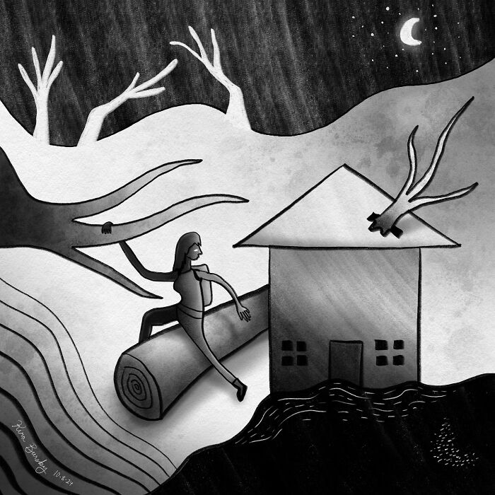 Artist's illustration capturing the impact of Hurricane Helene, featuring a figure balancing on a log near a house at night.