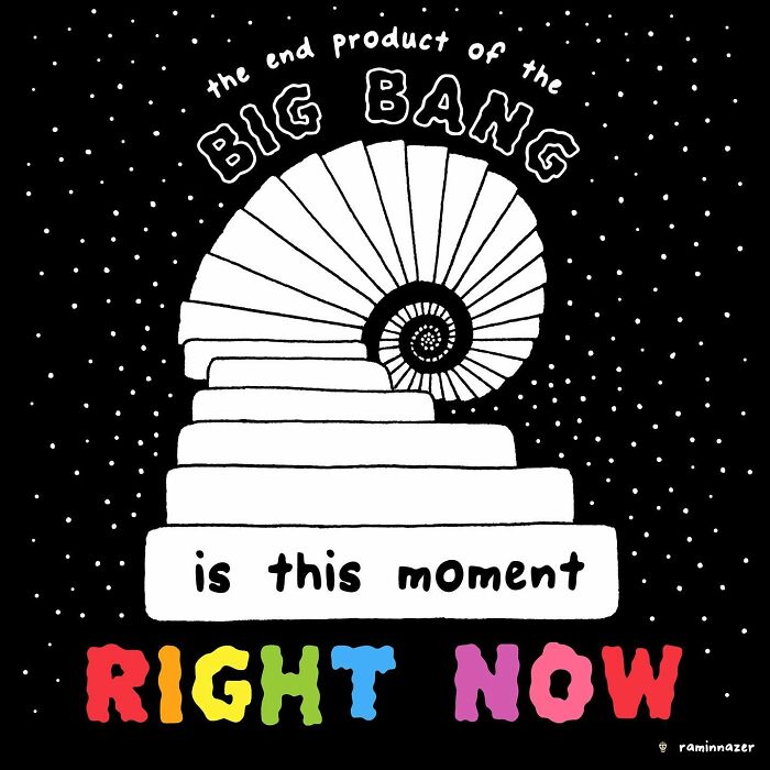 Vibrant illustration by Ramin Nazer showing a spiral staircase with the phrase "Right Now" in colorful letters.