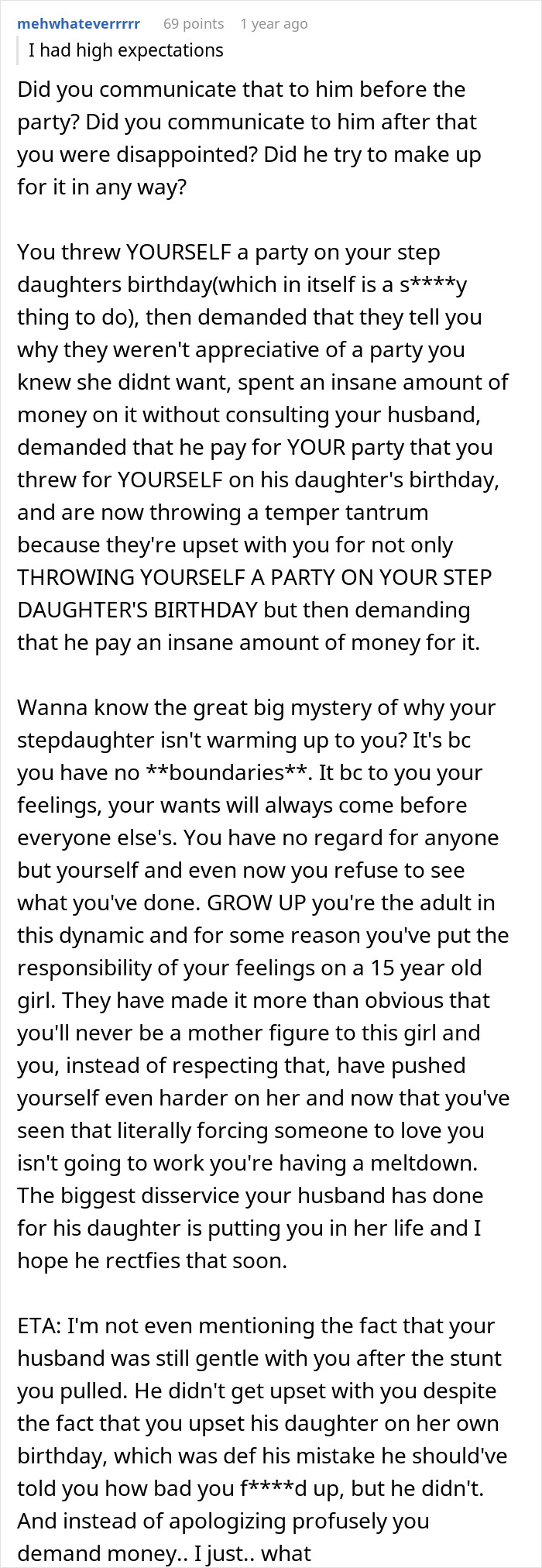 Text comment criticizing a woman for hosting a costly birthday party for her stepdaughter without consulting her husband.