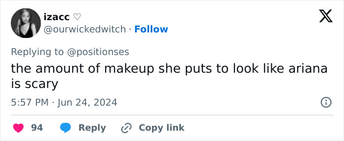 Tweet criticizing impersonator's makeup use to resemble Ariana Grande, highlighting a "scary" transformation.