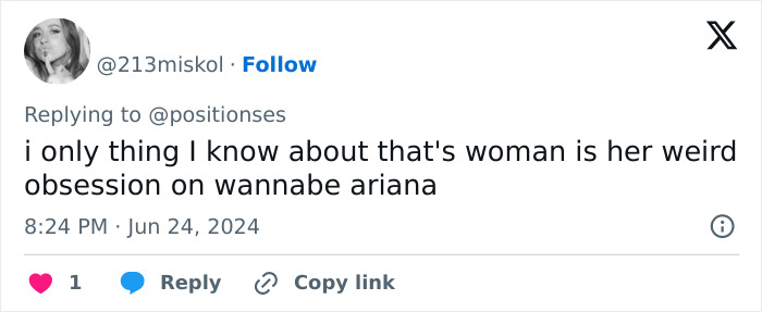 Tweet criticizing an Ariana Grande impersonator for extreme weight loss to mimic the singer's appearance.