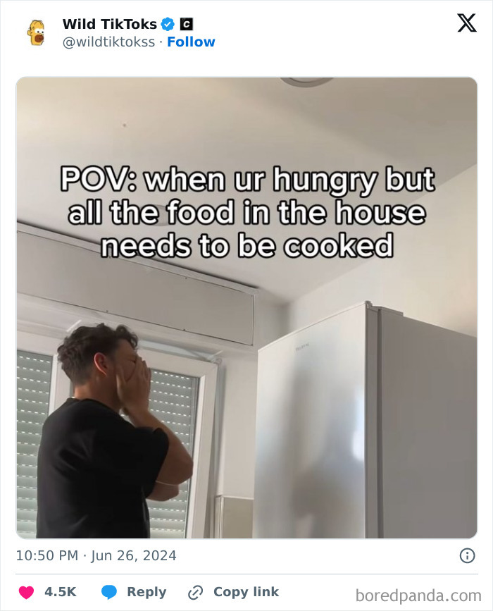 Man stands frustrated, facing a fridge, with text overlay about being too hungry to cook. TikTok screenshot humor.