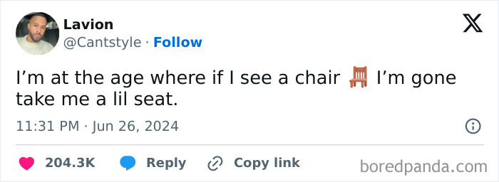 Tweet by Lavion about being an adult, expressing the urge to sit whenever seeing a chair emoji.