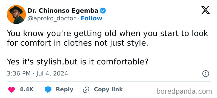 Tweet about being an adult and choosing comfort over style in clothing.