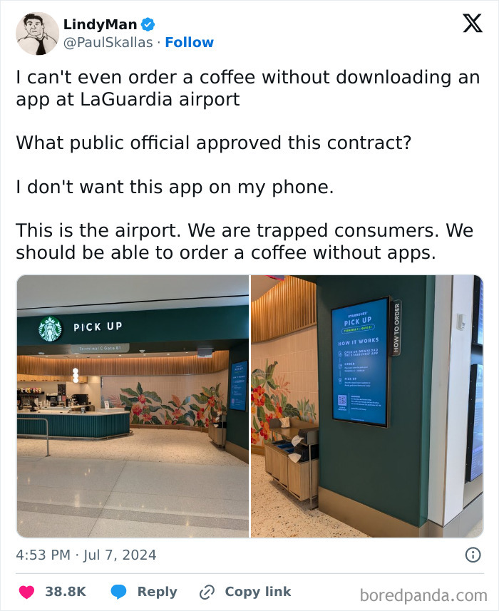 LaGuardia airport pickup area illustration of deceptive-marketing-techniques requiring app download for coffee.