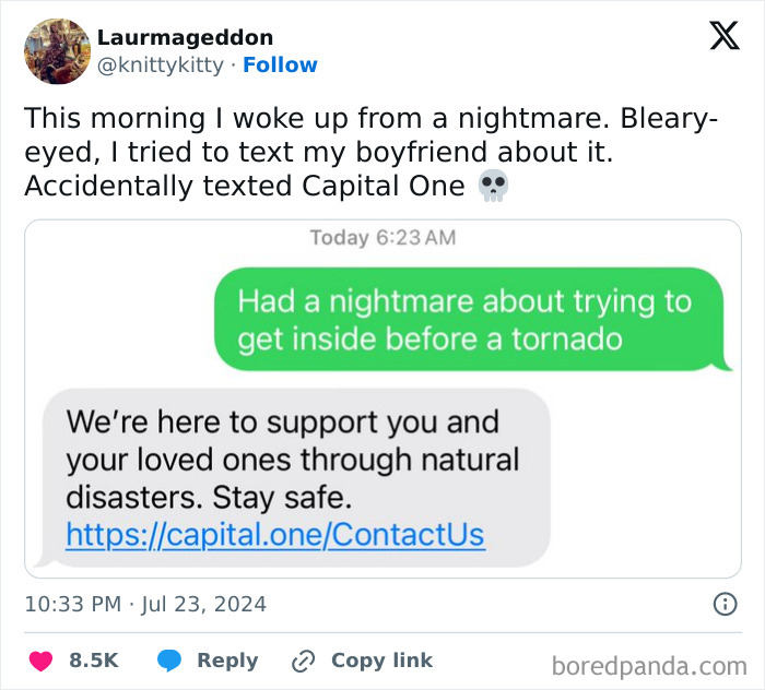 Text exchange shown where a nightmare text meant for a boyfriend is mistakenly sent to Capital One. Best-Texts-Of-2024.