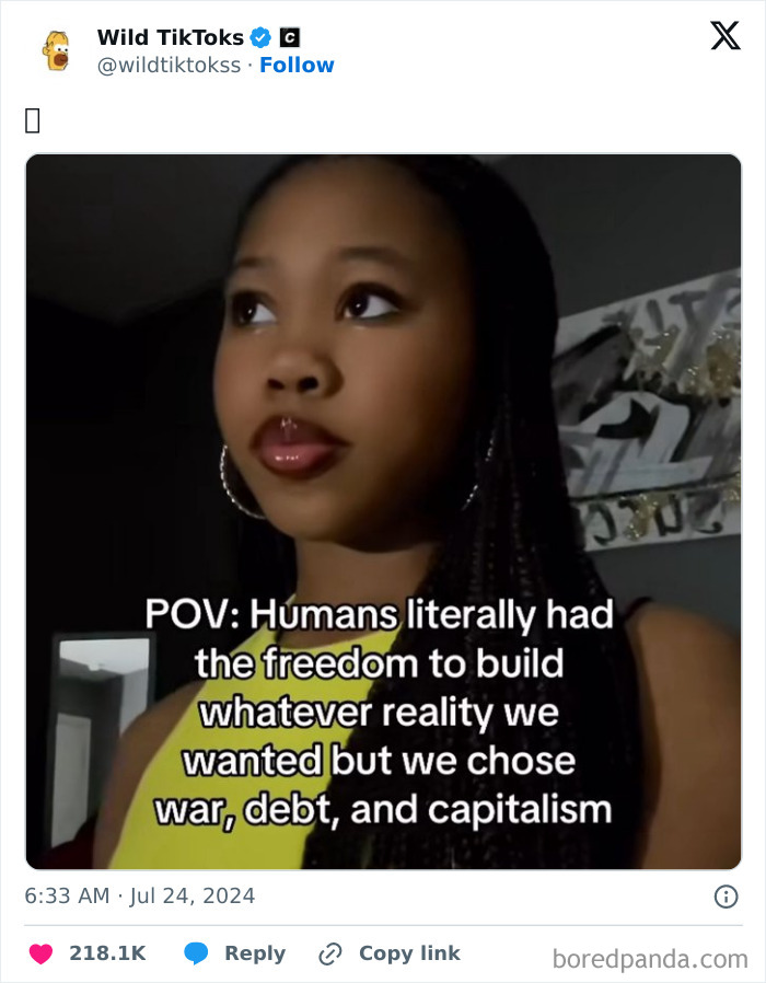 Young woman in a TikTok screenshot questioning societal choices with on-screen text about freedom, war, debt, and capitalism.