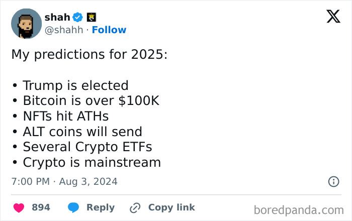 Tweet with 2025 predictions about Trump, Bitcoin, NFTs, altcoins, and crypto ETFs.