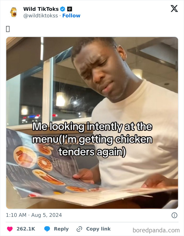 Man looking at menu with text overlay about choosing chicken tenders, featured in TikTok screenshots.