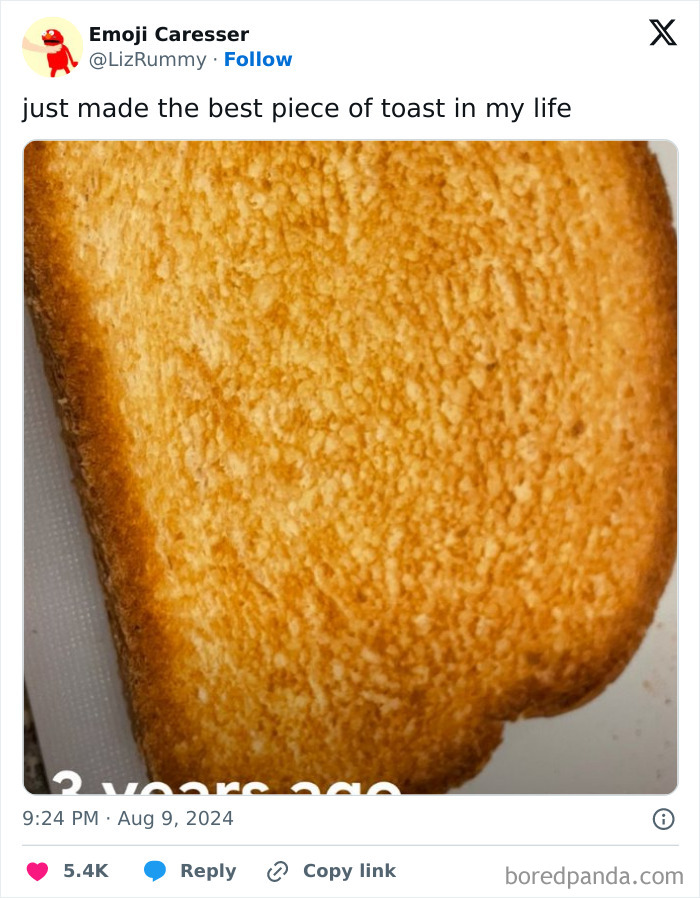 Close-up of a perfectly toasted bread slice captioned with a witty British humor tweet.