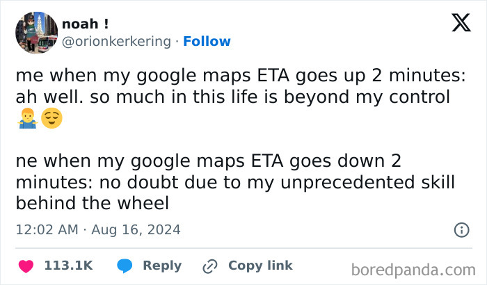 Funny meme about changing Google Maps ETA, depicting a humorous perspective on driving skills.