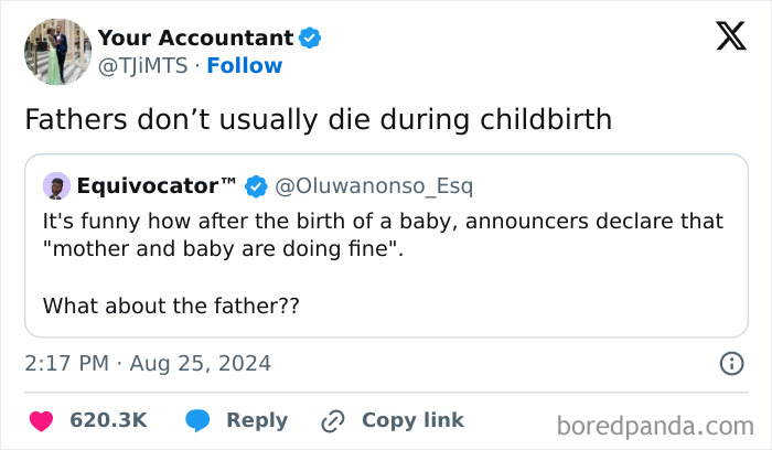 Tweet roasting a comment about childbirth, highlighting fathers’ roles humorously, with a social media interface.