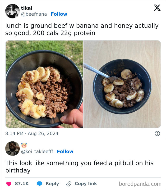 A bowl of ground beef with banana slices, part of a funny roast exchange on social media in 2024.