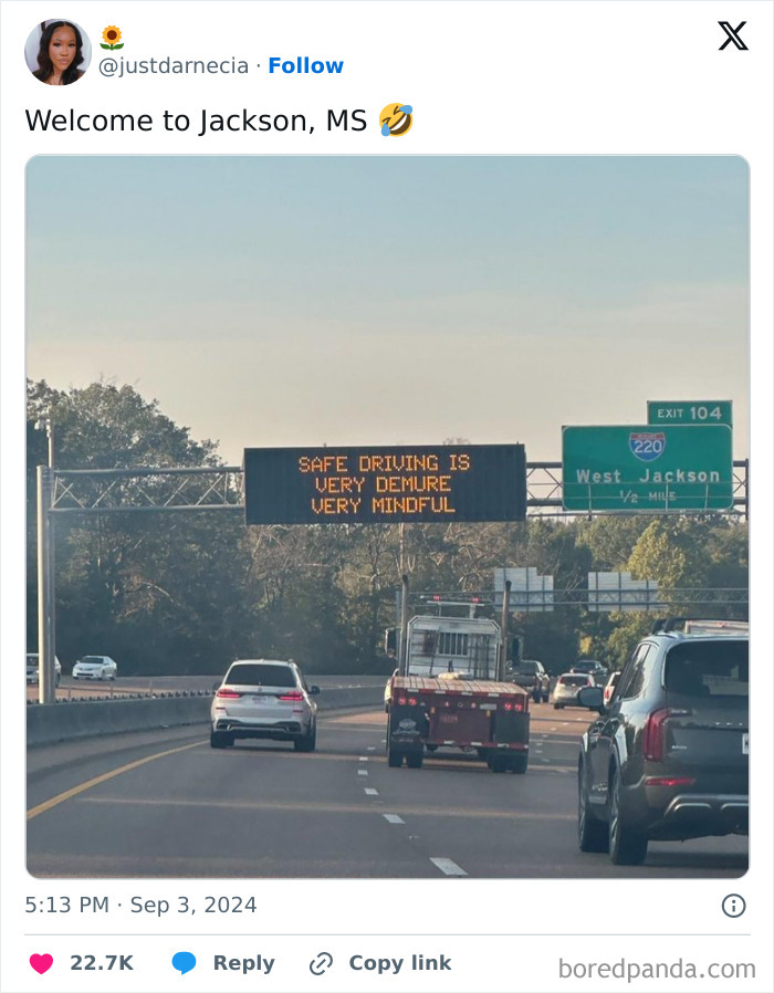 Highway sign in Jackson, MS reads "Safe Driving is Very Demure, Very Mindful," capturing interesting things on the road.