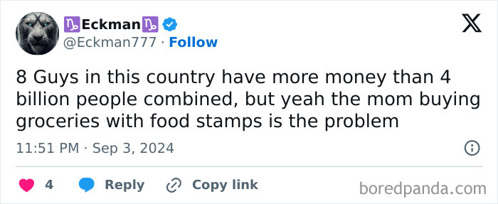 Tweet highlighting economic disparity, mentioning wealth distribution and food stamp issues, related to the 'lost generation'.