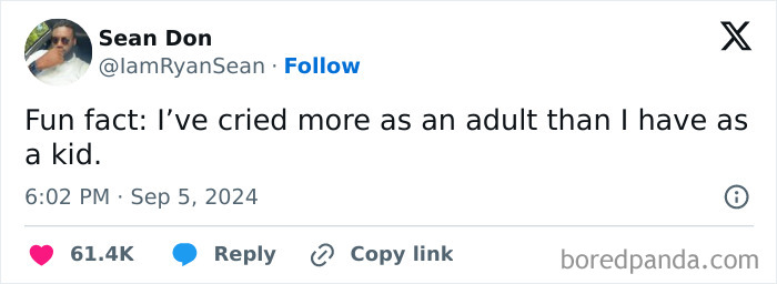 Tweet by Sean Don humorously comparing crying as an adult and as a kid, related to adulting experiences.