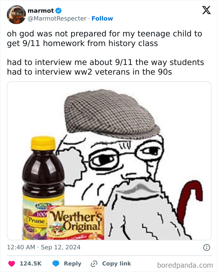 Elderly meme character with a cane and snacks, humorously comparing 9/11 homework to WW2 veteran interviews.