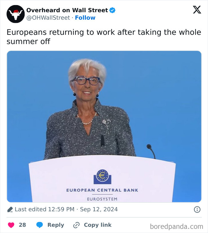 A woman at a podium with text about Europeans returning to work, featured on an investment meme from "Overheard on Wall Street".