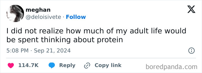 Tweet about adult life reflecting on unexpected focus on protein.