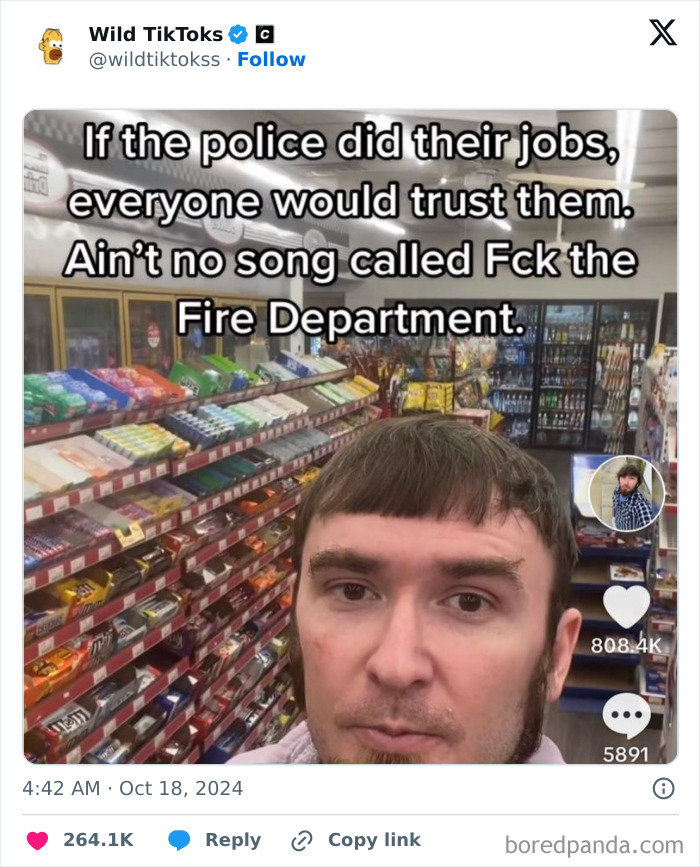 Man in convenience store with humorous TikTok screenshot text questioning police trust.