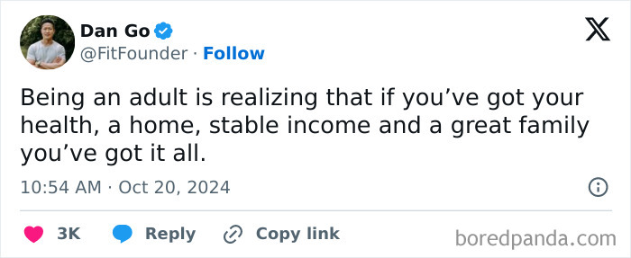 Tweet expressing a sentiment about being an adult, highlighting the importance of health, a home, stable income, and family.