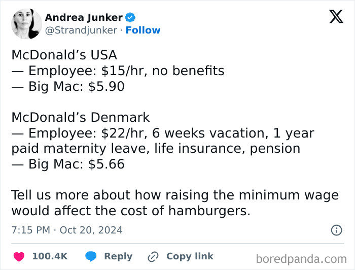 Tweet comparing McDonald's wages and benefits in USA vs Denmark, highlighting economic truths of the lost generation.