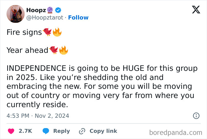 Tweet predicting independence and big changes for fire signs in 2025.