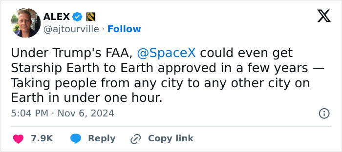 Tweet discussing SpaceX approval for Earth-to-Earth travel under FAA, highlighting potential for under-hour city-to-city transit.