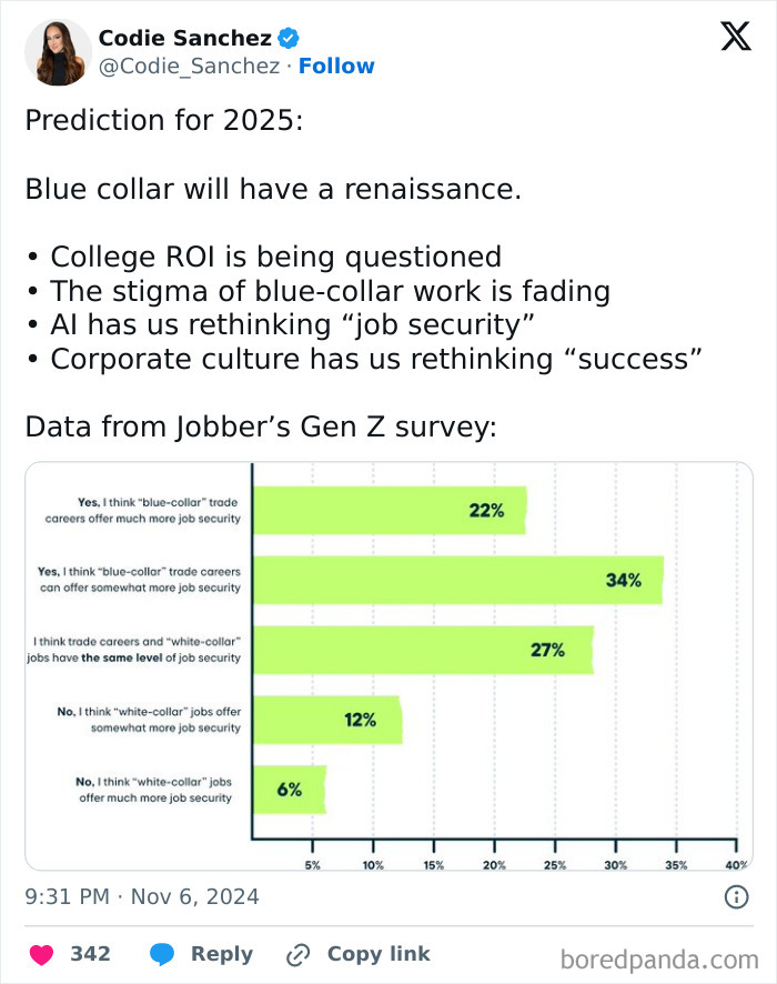 Codie Sanchez's 2025 predictions highlight a blue-collar resurgence, supported by Gen Z survey data on job security perceptions.