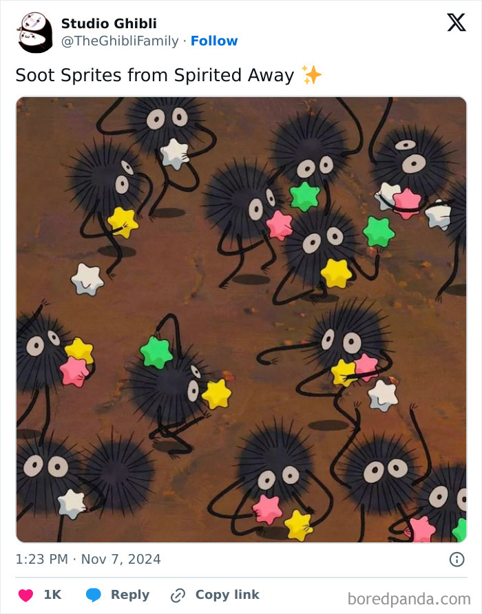 Soot sprites holding colorful star candy, showcasing their playful culture meme.
