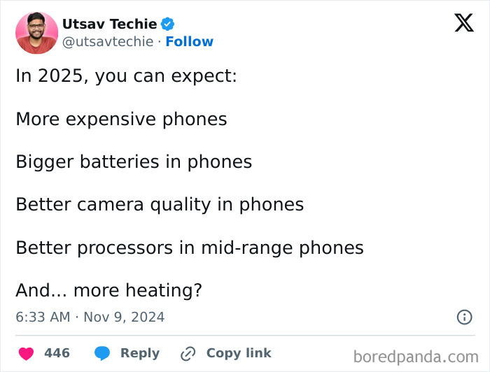 Tweet by Utsav Techie on 2025-Predictions: expensive phones, bigger batteries, better cameras, processors, and more heating.