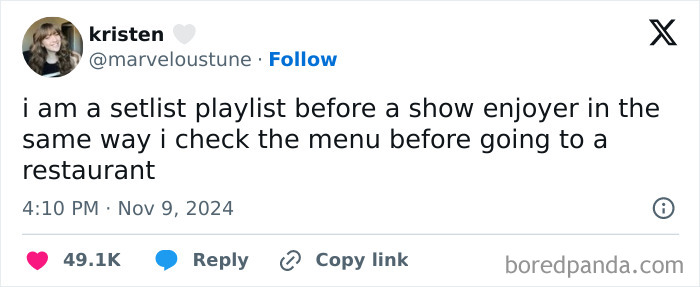 Tweet by a woman humorously comparing setlist and menu checking habits.