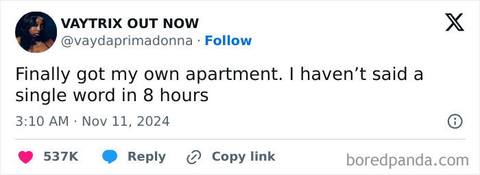 Screenshot of a funny post by a woman about enjoying silence in her new apartment.