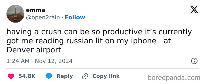 Tweet by woman humorously stating her crush motivates her to read Russian literature on her iPhone at Denver airport.