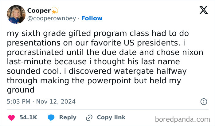 Funny social media post by a woman about procrastinating on a school project about US presidents, choosing Nixon last-minute.