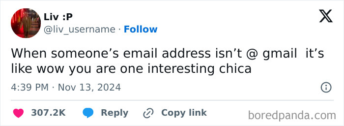 Tweet by user Liv :P humorously commenting on unusual email domains, highlighting funny posts by women.