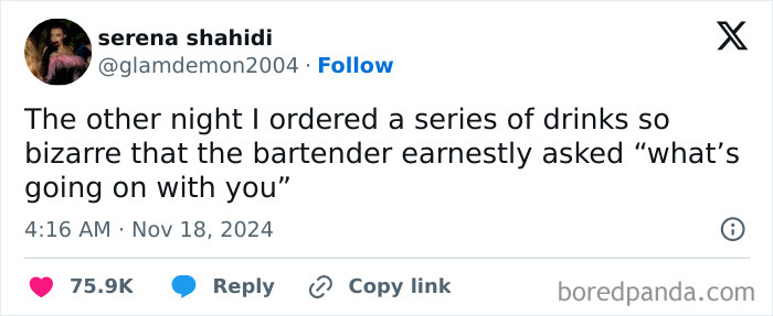 Tweet by a woman humorously describing a bartender's reaction to her bizarre drink order.