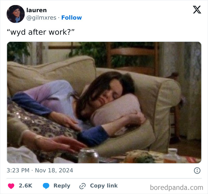 Woman asleep on a couch holding a pillow, with "wyd after work?" text above, representing a funny post by women.