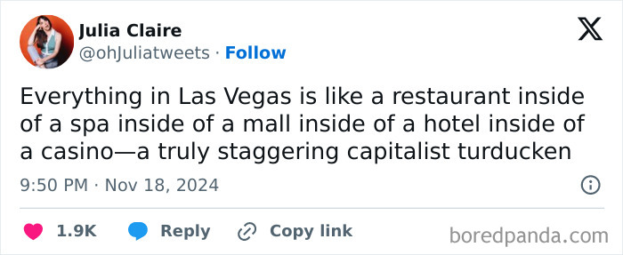 Funny post by woman humorously comparing Las Vegas to a complex, layered capitalist experience.