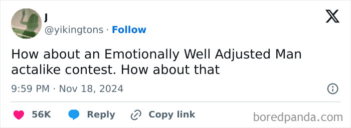 Tweet by a woman humorously suggesting an "Emotionally Well Adjusted Man" contest.