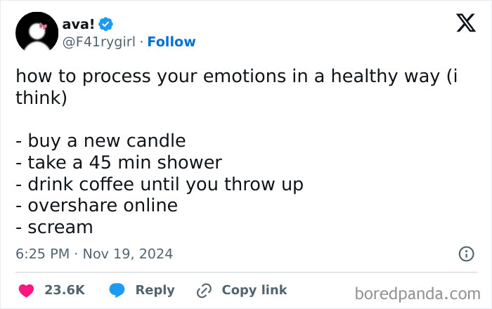 Funny post by woman listing humorous ways to manage emotions, including buying candles and oversharing online.