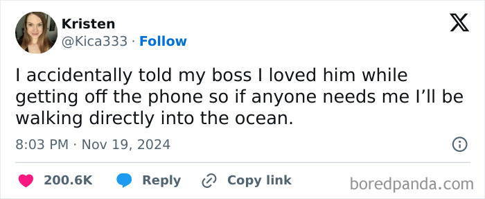 Funny post by a woman, joking about accidentally telling her boss "I love you" and planning to walk into the ocean.