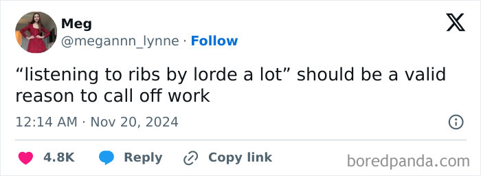 Screenshot of a funny post by a woman joking about calling off work for listening to Lorde's song "Ribs".