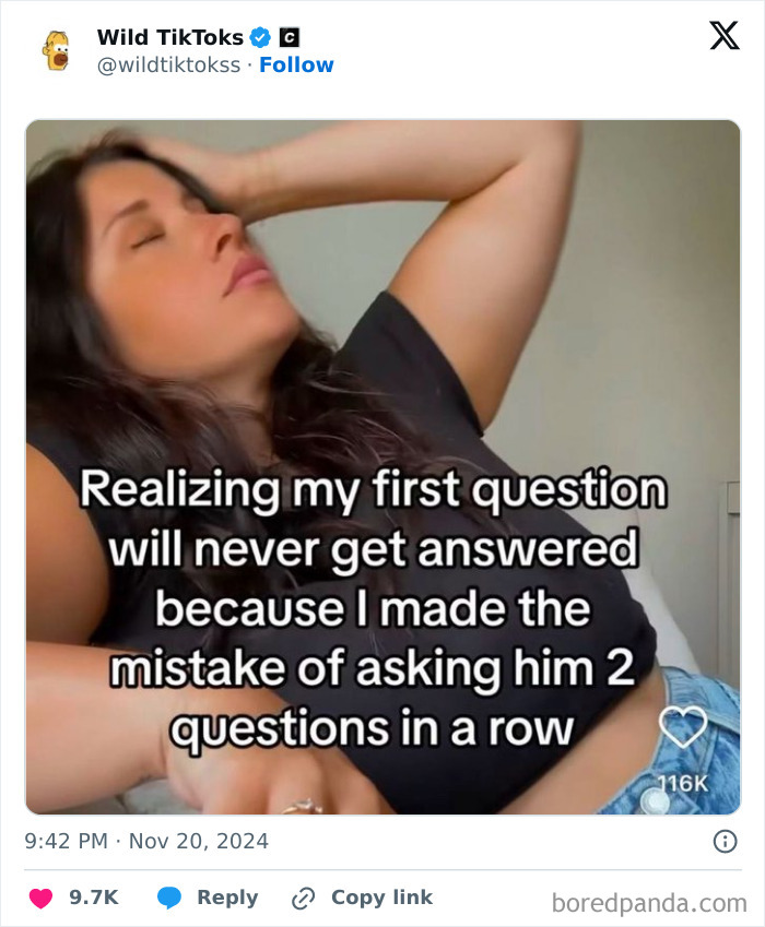 Woman lying down with text overlay about asking two questions, a TikTok screenshot with humorous reflection.