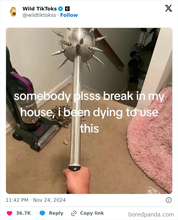 TikTok screenshot showing a hand holding a spiked mace with humorous text about home security.