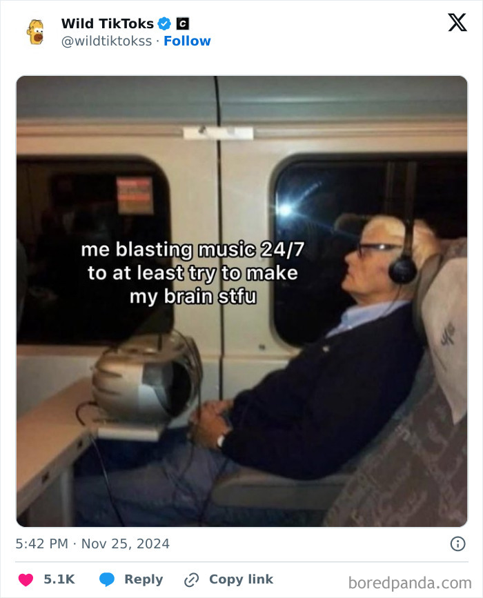 Elderly man on a train wearing headphones, with humorous TikTok text about blasting music 24/7.