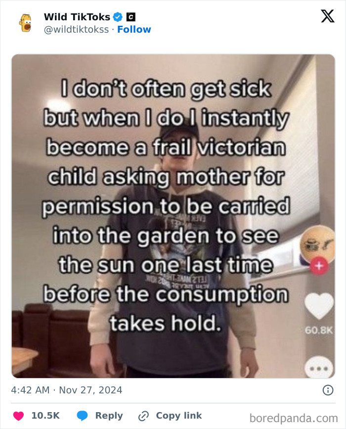 TikTok screenshot with humorous text about feeling sick like a Victorian child, in living room setting.