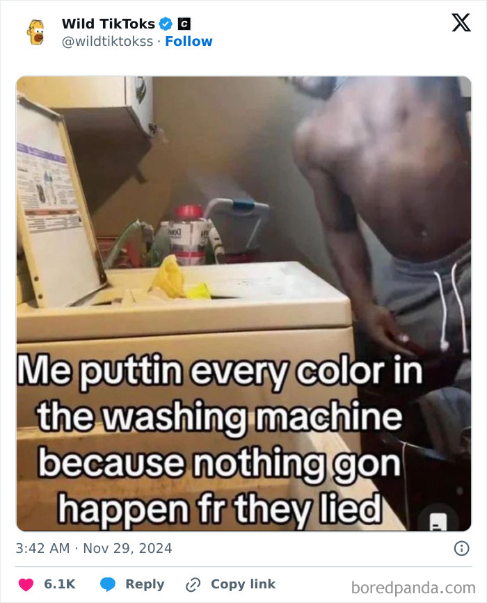 TikTok screenshot of a person using a washing machine humorously captioned about mixing colors.