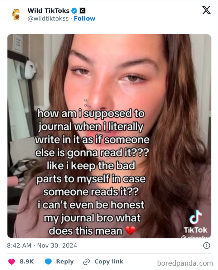 TikTok screenshot questioning the honesty in journaling, showing a contemplative expression.